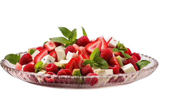 Fruit salad with strawberries, raspberries, blue cheese and mint