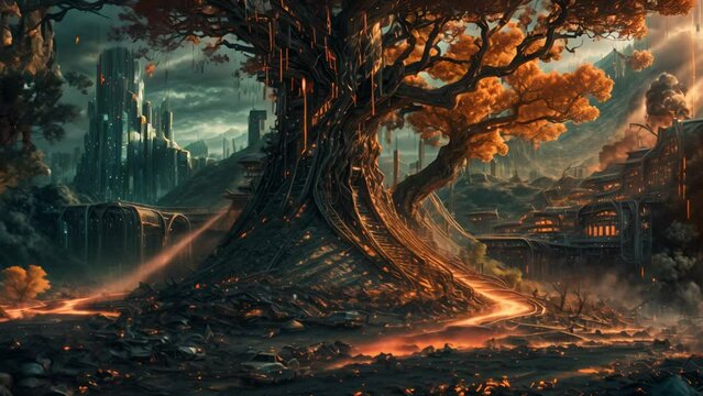 荒れたSF都市と巨木,Generative AI 