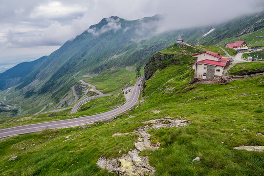 Transfagarasan Road seen from area of Balea Lake next to Transfagarasan road in Carpathian Mountains, Romania