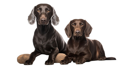 Two black and brown dachshund dogs sitting on a log isolated in no background