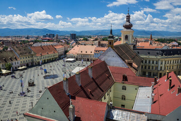 View from Council Tower on a historical buildings on Large Square, Old Town of Sibiu, Romania