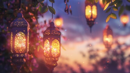 Arabesque lanterns with delicate patterns shine warmly, creating a bokeh effect that evokes enchantment and tradition, perfect for cultural celebrations.