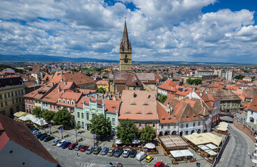 Bell tower of Lutheran Saint Mary Cathedral, Old Town of Sibiu city, view from Council Tower,...