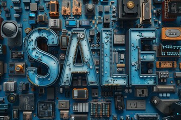 A creative SALE sign made from electronic circuits, integrating technology and commerce in a unique way.
