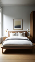 A cozy, stylish bedroom showcasing a large comfortable bed with white bedding and a framed artwork above