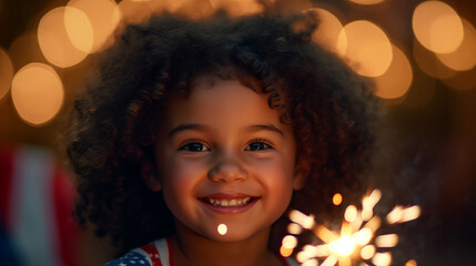 Happy child with sparkler celebrating the 4th of July, Independence Day, Memorial Day. - obrazy, fototapety, plakaty