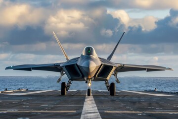 Low angle front view of an F-22 Raptor fighter jet ready to take off from the aircraft carrier deck. Calm sea and cloudy blue sky on the background. Military aircraft, navy.