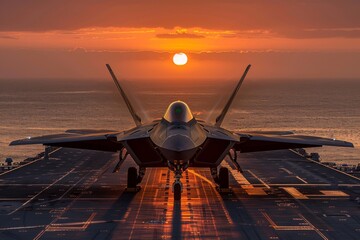 Front view of an F-22 Raptor fighter jet ready to take off from the aircraft carrier deck. Calm sea and scenic sunset on the background. Military aircraft, navy.