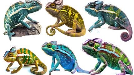 Fototapeta premium Photo realistic small little animal chameleon set collection. Isolated on white background Generative AI