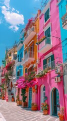 Fototapeta na wymiar Multicolored Buildings With Balconies
