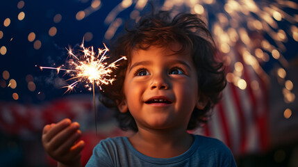 Happy child with sparkler celebrating the 4th of July, Independence Day, Memorial Day. - obrazy, fototapety, plakaty
