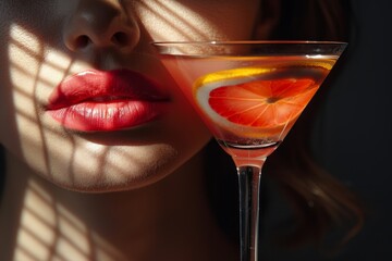 Close-up of woman's red lips and a martini glass with cocktail. Female sensual lips reach for a glass of perfect drink with slice of orange. Side lighting with hard, patterned shadows.
