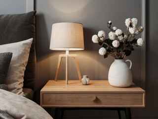 Elegant nightstand featuring a lamp and a vase of flowers, illuminating the tranquil bedroom. Scandinavian-inspired home decor.