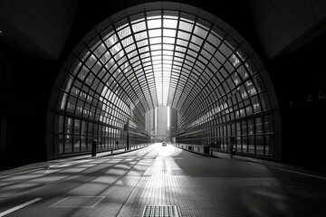 A metropolis of tomorrow unfolds: A grid of towering structures casts sharp black and white shadows, transforming the city streets into a mesmerizing geometric tapestry - obrazy, fototapety, plakaty