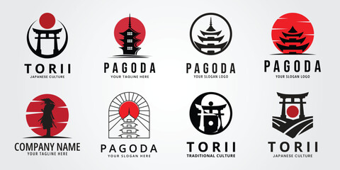 set bundle pagoda temple with sunburst logo vector symbol illustration design, minimalist pagoda temple