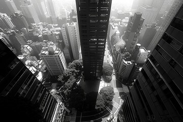 A future forged in precision: The city of tomorrow emerges, its geometric streets and buildings casting long, dramatic shadows that define a mesmerizing black and white landscape - obrazy, fototapety, plakaty