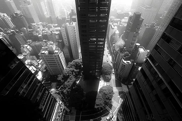 Foto op Canvas A future forged in precision: The city of tomorrow emerges, its geometric streets and buildings casting long, dramatic shadows that define a mesmerizing black and white landscape © Martin