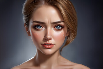 Crying young woman, close up image. - obrazy, fototapety, plakaty