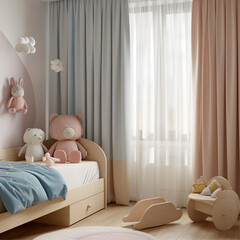 a kids bedroom adorned with sheers and curtains and minimalist Japandi furniture. with blue and pink curtains drawn closed - obrazy, fototapety, plakaty