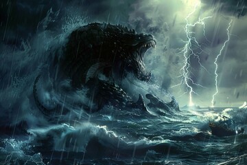 Darkness in Babylon, Beast from the Sea, Book of Revelation Illustration with Lightning - obrazy, fototapety, plakaty
