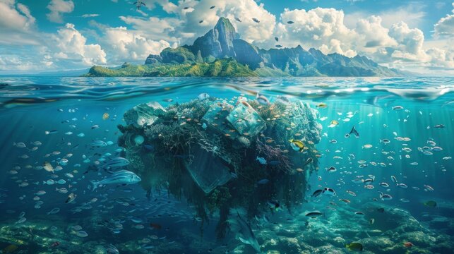 a large group of fish swimming around a large piece of trash floating in the ocean with a mountain in the background and a small island in the middle of the water with fish swimming around.