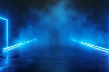 Dark studio background, abstract blue neon light, empty space for product display, mysterious smoky atmosphere, 3D illustration