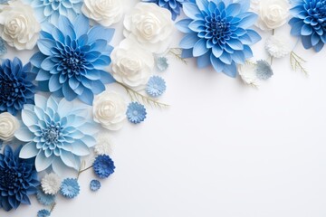 Spring or summer floral background with blue roses and chrysanthemums on white pastel colored paper. Flat lay, top view, copy space concept in the style of various artists - obrazy, fototapety, plakaty