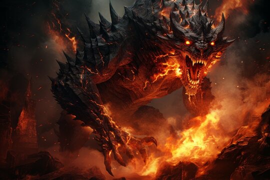 Monstrous Dark fire monster. Evil satan art. Generate Ai