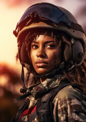 Afro woman wearing military uniform with camouflage fatigues, sunset. Generative Ai,
