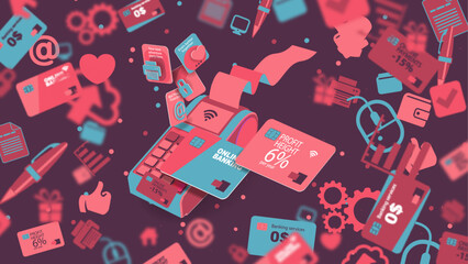 A colored pattern of a payment terminal and pink bank icons - obrazy, fototapety, plakaty