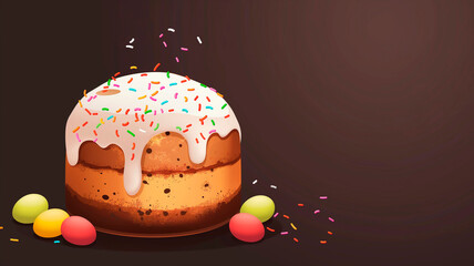 Easter cake with colored sprinkles on top, dark background, empty space. Easter holiday, traditional treat. Bright illustration of Easter cake