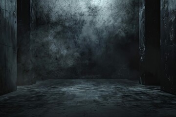 Dark abstract empty room with black cement walls and smoke, studio background, 3D rendering