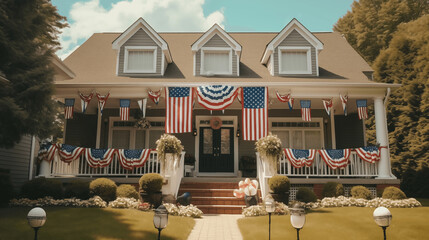 Patriotic 4th of July decor on house exterior. American flag for Memorial Day, white graves, 4th of July, Labour Day. - obrazy, fototapety, plakaty