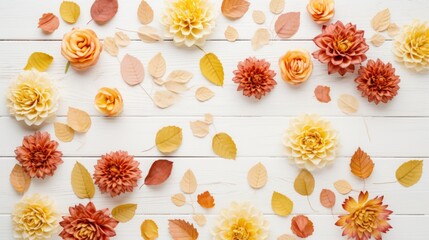 Spring or summer floral background with yellow and orange roses and chrysanthemums on white pastel colored paper. Flat lay, top view, copy space concept in the style of various artists - obrazy, fototapety, plakaty