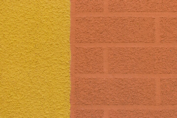 Brown brick wall abstract pattern and bright yellow blank surface facade exterior decorative design texture background