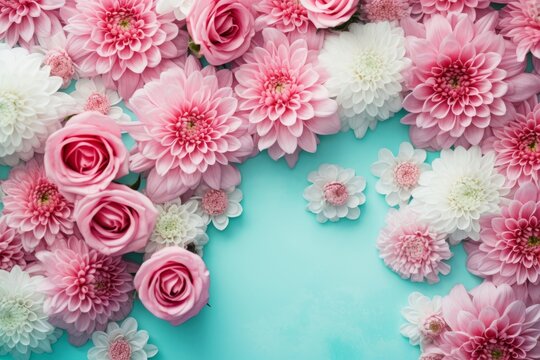 Spring or summer floral background with pink roses and chrysanthemums on turquoise pastel color paper. Flat lay, top view, pattern frame made of flowers. Romantic composition for various uses