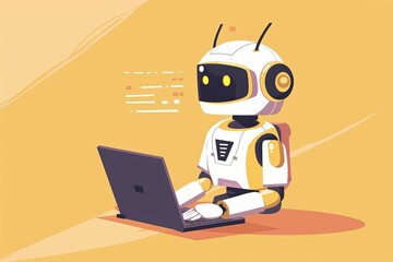 Cute robot assistant working on laptop, friendly AI technology concept illustration