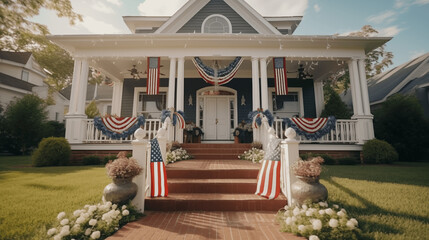 Patriotic 4th of July decor on house exterior. American flag for Memorial Day, white graves, 4th of July, Labour Day. - obrazy, fototapety, plakaty