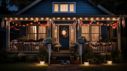 Patriotic 4th of July decor on house exterior, night, Memorial Day. - obrazy, fototapety, plakaty