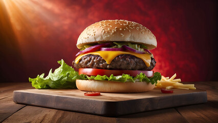 Advertise photo of a gourmet burger on a rustic wooden board