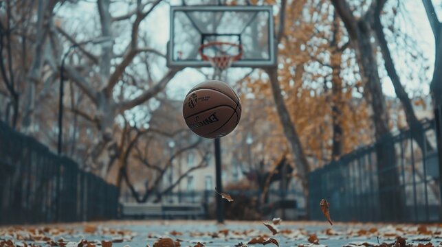 Portrait of a basketball and net basket on an outdoor basketball court. Sports and healthy lifestyle concept.