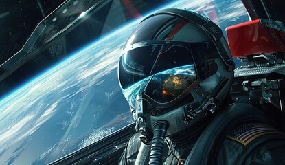 Close-up wide angle shot a pilot in an advanced fighter jet, helmet visor reflecting the earth and sky, jet flying through space