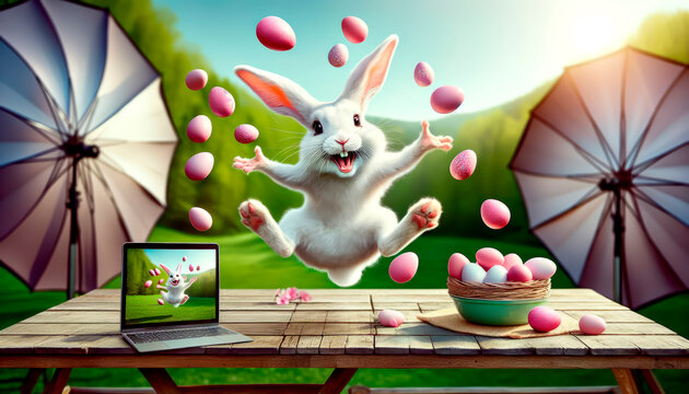 Easter card with a fun photo shoot of a laughing hare jumping and juggling colored Easter eggs. Positive holiday greetings