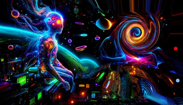 Generative A.I. A vibrant cosmic entity with tendrils of energy floats in a surreal, space-like environment filled with swirling nebulae and floating orbs