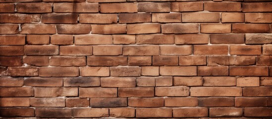 A detailed closeup of a brown brick wall showcasing the intricate pattern of rectangular bricks laid with mortar, typical building material for walls and flooring