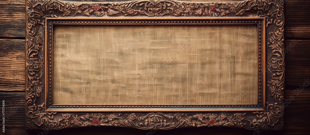 Poster a brown wooden picture frame hangs on a brick wall, displaying a rectangular scroll with intricate p