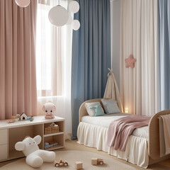 a kids bedroom adorned with sheers and curtains and minimalist Japandi furniture. with blue and pink curtains drawn closed