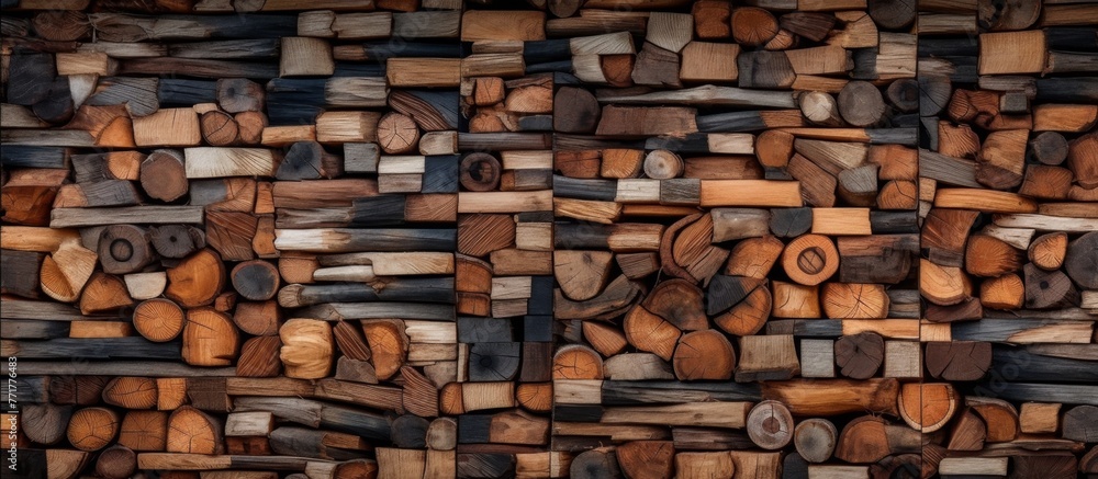 Poster a stack of brown logs resembling a unique artwork, forming a rectangular pattern similar to brickwor