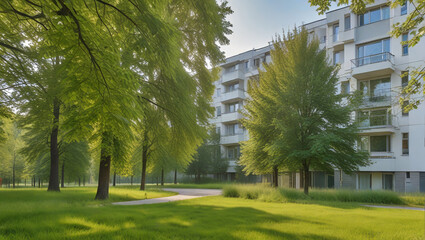 Obraz premium Modern residential building in the green area of the city. European apartment house. in summer. And trees and grass on the road.
