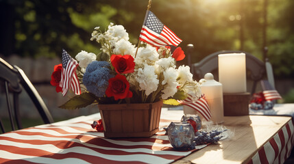 Patriotic 4th of July Memorial Day decor table home design. American flag for Memorial Day, white graves, 4th of July, Labour Day. - obrazy, fototapety, plakaty
